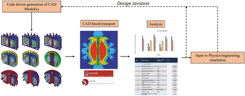 Fig. 6. Schematic overview of the workflow for nuclear analysis based on parameter-driven CAD models and CAD-based particle transport. The reactor CAD models in the illustration are output using the Paramak, one example of a framework developed at UKAEA for parametrically generating 3D CAD models.Citation36 CAD models © 2021 J. Shimwell et al. under an Open Access CC-BY license.