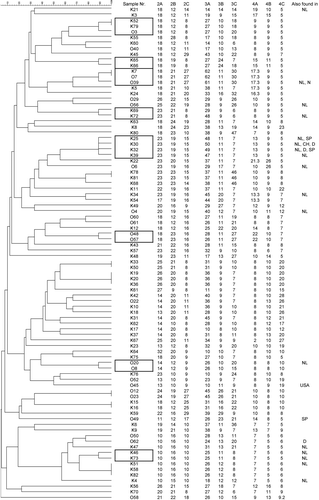 Figure 1.  Dendrogram generated from genotyping 65 clinical and 23 environmental A. fumigatus isolates. Isolates recovered from clinical samples are denoted K, and strains isolated from the environment are denoted O. The genotypes that show microvariation are framed and to the right are the typing results for the nine markers of the STRAf panel. The scale bars above the dendrogram indicates the percentage identity between the genotypes. CH, Switzerland; D, Germany; N, Norway; NL, Netherlands; SP, Spain.