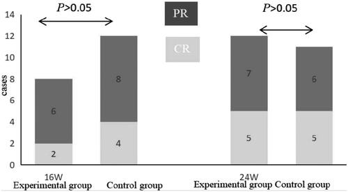 Figure 1. Clinical efficacy in the two groups. After treatment for 16 weeks and 24 weeks, the remission rates were similar between the two groups (p > .05). PR: partial remission; CR: complete remission.