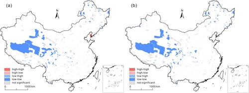 Figure 8. LISA cluster maps of t the mean value (a) and trend (b) of sky brightness of the 474 nature reserves during 2013–2022.