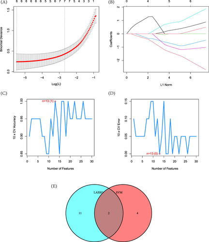 Figure 3 Construction of machine learning models. (A) Construction of Lasso model; (B) Variation of hub gene coefficients with different logarithmic λ values; (C) and (D) Construction of model SVM-RFE; (E) Mapping between Lasso and SVM-RFE models.