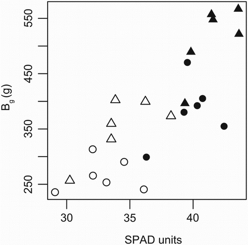 Figure 2. Plot of SPAD against grain biomass (Bg) in a field experiment with spring and winter wheat varieties and two N treatments. SPAD refers to measurements taken on 2 July (winter varieties) and 9 July (spring varieties), that is, just after the major growth period, on 30 flag leaves per plot. Circles represent spring wheat and triangles winter wheat, open symbols represent the LN treatment and filled symbols the HN treatment. The equation for the relationship between the variables is Bg = −340 + 19xSPAD, and R2 = .65.