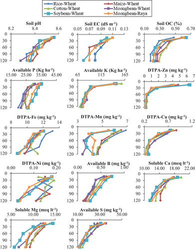 Figure 2. Surface and depth-wise distribution (up to 120 cm) of soil pH, EC, OC, available P and K, DTPA-Zn, Fe, Mn, Cu, Ni and B, soluble Ca and Mg and available S under different cropping systems.