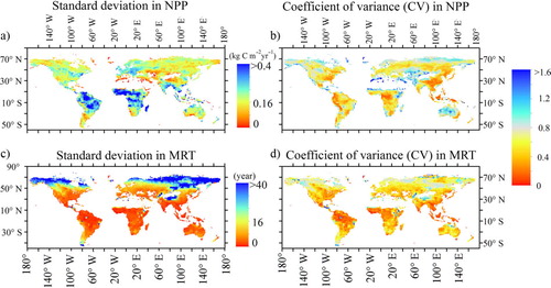 Fig. 9 Spatial pattern of coefficient of variation (CV) and standard deviation (SD) of NPP and MRT for all five models (modelled time: 1850–1860).