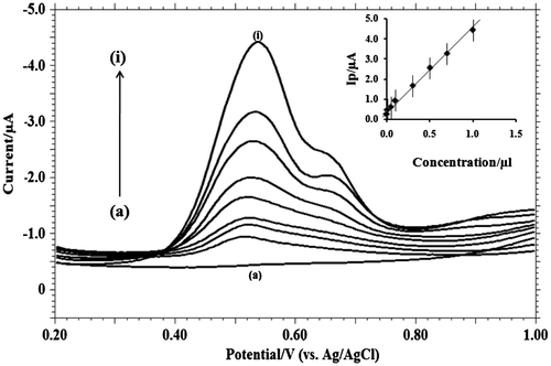 Figure 7. Differential-pulse voltammograms with increasing concentrations of MDH in pH 9.2 phosphate buffer solution on GCE (a) blank; (b) 1 × 10−3; (c) 3 × 10−3; (d) 5 × 10−3; (e) 7 × 10−3; (f) 1 × 10−4; (g) 1 × 10−5; (h) 5 × 10−5; (i) 3 × 10−6. Inner figure represents the plot of peak current (Ip/μA) vs. concentration (C).