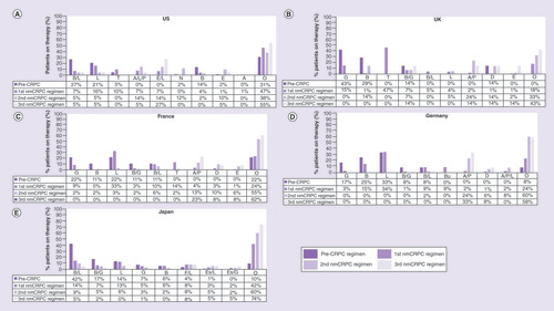 Figure 4. Most commonly used nonmetastatic castration-resistant prostate cancer drugs by country.A: Abiraterone; A/L/P: Abiraterone/leuprolide/prednisolone; B: Bicalutamide; B/G: Bicalutamide/goserelin; B/L: Bicalutamide/leuprolide; Bu: Buserelin; CRPC: Castration-resistant prostate cancer; E: Enzalutamide; E/L: Enzalutamide/leuprolide; Es/G: Estramustin/goserelin; Es/L: Estramustine/leuprolide; F/L: Flutamide/leuprolide; G: Goserelin; L: Leuprolide; N: Nilutamide; nmCRPC: Nonmetastatic castration-resistant prostate cancer; T: Triptorelin; O: Others.