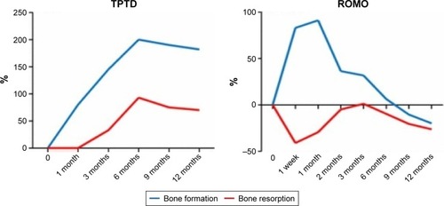 Figure 3 Changes in the levels of bone formation markers and bone resorption markers with subcutaneous injections of TPTD (20 μg daily) or ROMO (210 mg once monthly) for 1 year.
