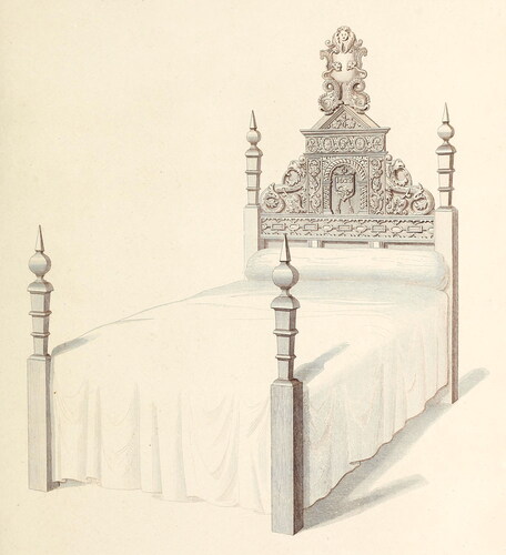 Fig. 21. 1682 bedstead from Shaw and Meyrick, Specimens of Ancient Furniture (London 1836), pl. XXXIXPublic Domain