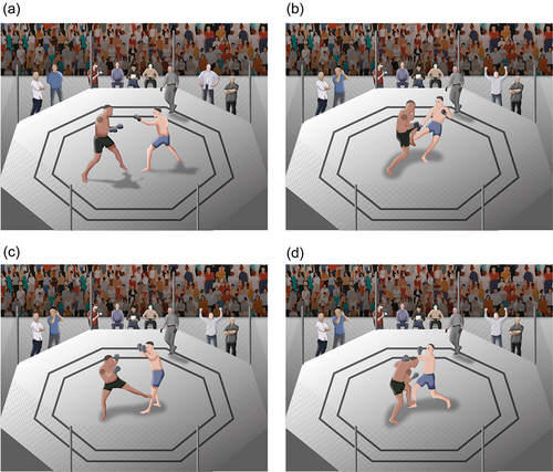 Figure 2. The illustrations depict an unfolding MMA fight sequence where there are numerous information variables specifying affordances, which are individually and frame-dependent for each fighter. (a) Both of the competing fighters could be perceiving information related to interpersonal distance and the kinematics of their opponent to determine attractive affordances. (b) The fighter on the right attempts a calf kick to the lead leg of the opponent, which draws a subsequent ‘check’ of the kick. (c) Once the fighter on the right’s foot from his kicking leg touches back down, leaving him vulnerable to a kick to the shin of his lead leg, the fighter on the left perceives and aims to time an intentional counterattack of his own. (d) Both fighters, now having a more attuned and calibrated movement system to the emerging and decaying affordances, attempt simultaneous offensive attacks while evading their opponent’s strikes in an individual fashion.