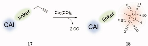Figure 8. General strategy for obtaining CAI–CORM hybrids 18 based on the hexacarbonyl dicobalt(II) complexes.