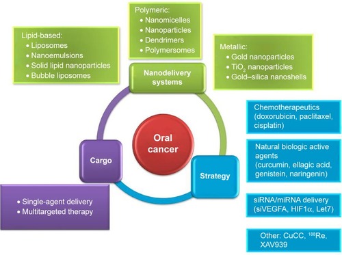 Figure 4 Nanodelivery systems used in oral cancer.Abbreviation: CuCC, cupreous complex-loaded chitosan.