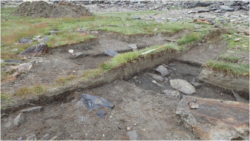 Figure 8. The profile through the upper layers in Tuft 2 at Øsmundset clearly displays the sunken floor, curving gradually from the embankments towards the hearth in the middle and noticeable through all the layers. Photo: Lisbeth Skogstrand, Museum of Cultural History.