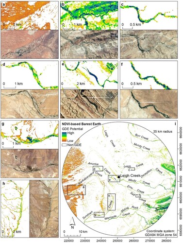 Figure 5. Results of the Barest Earth greenness parameter, showing: (a–h) model ‘control’ locations where GDEP was expected to be high (with corresponding high-resolution image); and (i) the spatial distribution of the Barest Earth greenness parameter mapping results over the study area and the location of each subset.