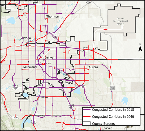 Figure 1. Denver congested corridors 2018 (purple) and 2040 (red) (DRCOG regional data catalog).