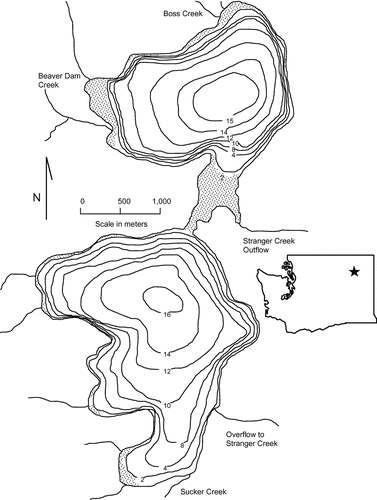 Figure 1 North and South Twin Lakes showing bathymetry, tributaries, connective channel, and weed bed development (shaded). Depth scale in meters. The star represents the approximate location of the lakes in the state of Washington.