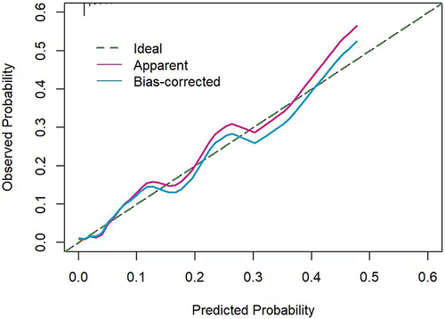 Figure 4 Calibration curve of the model for predicting the risk of SSI. The closer the apparent and bias-corrected curves are to the ideal dashed line, the better the predictive consistency of the nomogram.