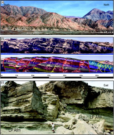 Figure 6. (a) Westward view of the north-south striking Mejillones Fault at Pampa Mejillones, 3 km south of El Rincon. The trace of the fault scarp is marked by black arrows; (b) photograph (above) and line drawing (below) of an outcrop view of the Caleta Herradura de Mejillones section showing two related but distinct systems of extensional faults dissecting the infill of the hangingwall basins: a blind system active during deposition of the CH Afm (yellow) and a surface-breaking system (red) that cut sediments of the CH Afm with large vertical displacements but do not significantly offset sediments of the overlying MJ Afm, revealing that most of the faulting took place after deposition of the CH Afm and prior to deposition of the MJ Afm; (c) outcrop photo of a small-displacement, down-to the west normal fault at La Portada. The base of the Pleistocene MJ Afm (dotted line) is downthrown about 5 m.