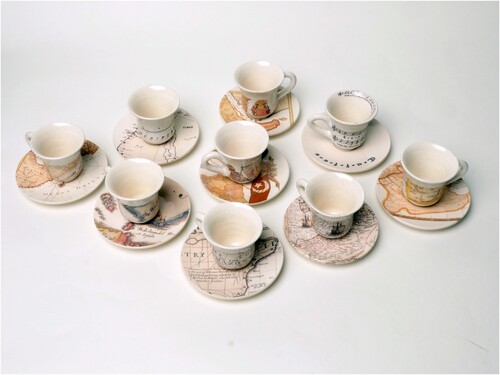 Deniz Sözen, Kahvehane, 2016, set of nine (‘Turkish’) coffee cups and saucers, transparent glaze and transfer print on Kütahya ceramics, edition of 7 + 2 AP, produced at the Ceramics Research Centre, University of Westminster, London