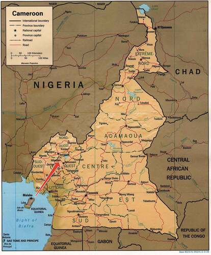 Map 1. Cameroon. The arrow shows the location of Mbouda. Public domain image https://legacy.lib.utexas.edu/maps/africa/cameroon_pol98.jpg.