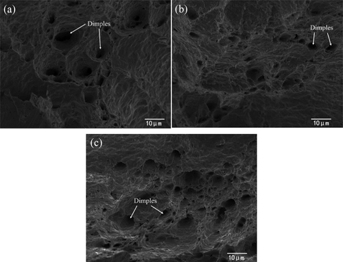 Figure 11. SEM fracture surfaces of Sn-Zn solders doped with Al2O3 nanoparticles: (a) Sn-9Zn, (b) Sn-9Zn-0.5Al2O3, (c) Sn-9Zn-1Al2O3.