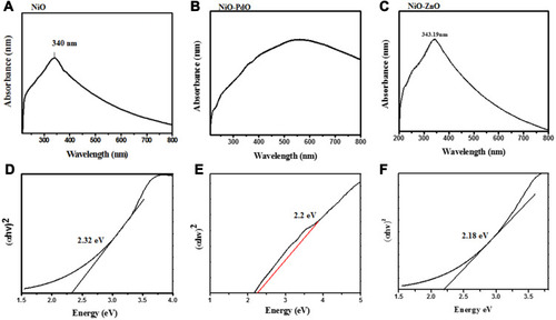 Figure 6 (A–C) Ultraviolet-visible absorption spectra of NiO, NiO–PdO, and NiO–ZnO; (D–F) Tauc plot of energy as αhv2 for NiO, NiO–PdO, and NiO–ZnO.