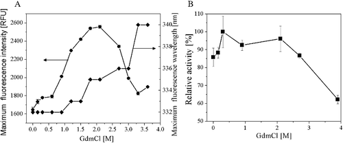 Figure 7. Unfolding of AATase in GdmCl solutions. (A) Effects of GdmCl concentration on AATase fluorescence maximum emission wavelength, intensity. Protein concentration of AATase was 0.2 mg/mL. Fluorescence was excited at 280 nm and measurements were carried out at 24 °C. (B) Effects of GdmCl concentration on AATase activity.