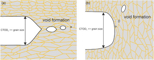 Figure 4. Ductile failure type in NC and UFG metals. (a) Micro-ductile fracture through the coalescence of individual voids. (b) Crack branching into the direction of grain alignment with higher fracture toughness and micro-ductile fracture.