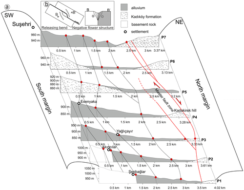 Figure 4. (a) The block diagram showing the discontinuities obtained from GPR data and the Master Fault Zone, (b) Releasing bend and negative flower structure.