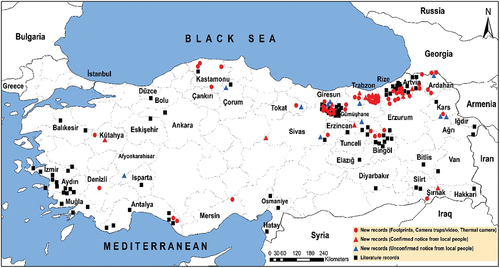 Figure 1. Localities of the literature and new records of the Anatolian leopard in Türkiye.