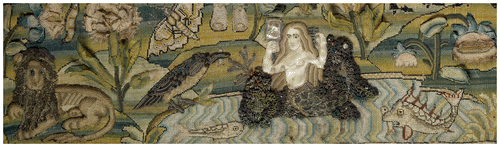 Fig. 3. Embroidered Mermaid (detail), anonymous, British, embroidered picture: ‘The Proclamation of Solomon’, mid-seventeenth century, 35.4 cm x 47.5 cm, Ashmolean Museum, University of Oxford, WA1947.191.313.