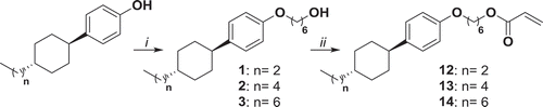 Figure 1. Synthesis of compounds 1, 2, 3, 12, 13 and 14. i: K2CO3, KI, 6-bromohexanol, EtOH, reflux 48 h; ii: NEt3, acryloyl chloride, THF, 0°C 1 h, r.t. 16 h