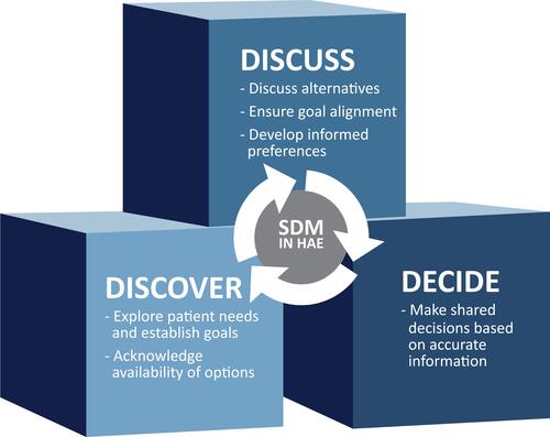 Figure 1 Proposed 3D model (Discover, Discuss, Decide) for SDM in HAE.Abbreviations: HAE, hereditary angioedema; SDM, shared decision-making.