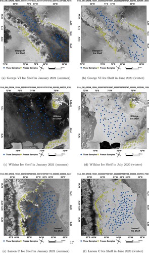 Figure 7. Visual interpretation sample selection from Sentinel-1 SAR imagery for ice shelf snowmelt detection. Blue points represent thaw samples, while yellow points represent freeze samples. (a) George VI Ice Shelf in January 2021 (summer) (b) George VI Ice Shelf in June 2020 (winter) (c) Wilkins Ice Shelf in January 2021 (summer) (d) Wilkins Ice Shelf in July 2020 (winter) (e) Larsen C Ice Shelf in January 2021 (summer) (f) Larsen C Ice Shelf in June 2020 (winter).