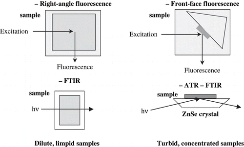 Figure 1 Fluorescence and infrared spectroscopies for the investigation of dilute solution and food products.