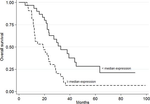 Figure 4 Overall survival with respect to miR-7-5p expression. The continuous line represents patients with low miRNA expression values (<median value); the dashed line represents patients with high miRNA expression values (≥median value) (p=0.001).