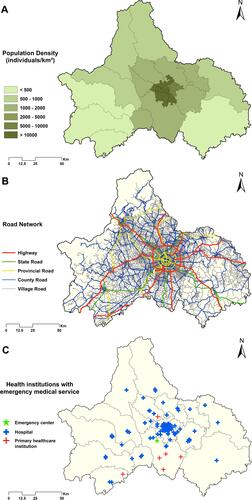 Figure 1 Population density (A), road network (B) and distribution of network hospitals (C) in Chengdu, 2017.