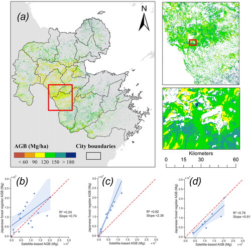 Figure 9. (a) Estimated wall-to-wall AGB of DBF in Oita prefecture, Japan. (b) Comparison of total DBF aboveground biomass (AGB) between statistical data in the Japanese forest register and the satellite-based model in city level. (c) First group. (d) Second group. Each data point represents the cumulative AGB at each of 18 cities (villages, towns, and cities) in Oita prefecture. y14x is masked in red dotted line. 95% Confidence Interval is drawn in blue area.
