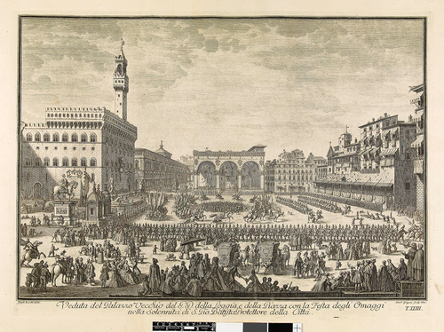 Figure 7. Giuseppe Zocchi: the Piazza della Signoria in Florence on the feast day of St John the Baptist, 1744. Print made by Carlo Gregori.