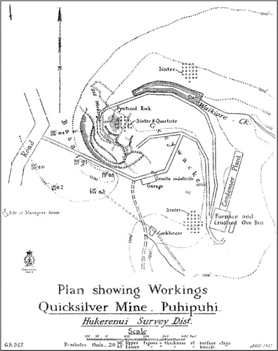 Figure 2 Historic map of the mercury mining operation and processing plant at Puhipuhi (Henderson Citation1944).