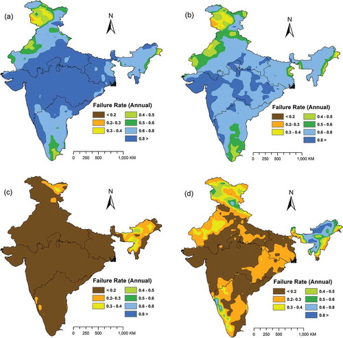 Figure 4. Maps of the failure rate of (a) SPI, (b) SPEI, (c) MMAI and (d) SEI in detecting soil moisture drought