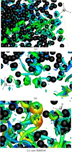 Figure 6. The vortical structures identified by the λci criterion for different cases. The visualisations show part of the computational domains where the typical vortical structures exist. The double-threaded wake behind the particle can be observed occasionally in case R20D12 and R20D16, which is a typical structure of the wake oscillation mechanism, but it is not observed in case R20D8 when the particle Reynolds number is not large enough. (a) Case R20D8. (b) Case R20D12. (c) Case R20D16.