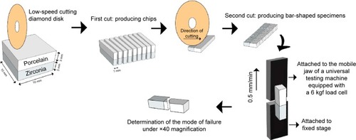 Figure 1 Schematic explanation of sample preparation for microtensile bond strength experiment.