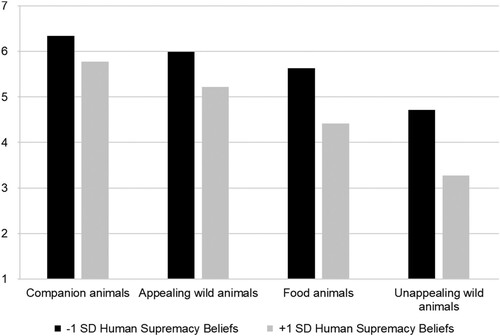 Figure 2. Moral concern ratings as a function of animal category at low (–1 SD) and high (+1 SD) levels of human supremacy beliefs (study 2).