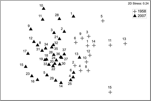 Fig. 2. MDS ordination of all sampling sites based on species composition and abundances of C. crinita assemblages. Site numbers are indicated.