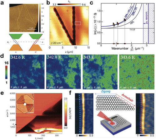 Figure 17. Novel physical phenomena in quantum materials. (a) Near-field images of bilayer graphene with bright line features, ascribed to AB–BA domain walls with different local optical responses compared with bulk area [Citation127]. The electronic band structure at domain wall is shown in bottom panel, demonstrating topologically protected K- (K′-) valley chiral electron modes. The incident wavelength is 6.1 μm. (b) Highly confined phonon polaritons in quartz covered by phase-change material [Citation128]. The incident frequency is 1120 cm−1. (c) The imaginary part of optical conductivity of graphene extracted from near-field measurement of hBN/graphene/hBN/Au heterostructures [Citation129]. The solid lines represent theoretical prediction with different approximations: single-particle velocity matching (RPA), velocity renormalization (VR) and compressibility correction (CC). The gray line represents the classical local effect in graphene. The vertical purple lines represent Fermi velocity of electrons in graphene. (d) The near-field images of VO2 film under representative temperatures in the insulator-to-metal transition regime [Citation130]. The metallic regions (green colors) give higher near-field amplitude compared with the insulating phase (blue colors). The incident frequency is 930 cm−1. (e) Calculated optical conductivity of graphene/hBN moiré superlattice as a function of incident frequency and Fermi level [Citation131]. The dashed line represents the probing frequency of 890 cm−1 in near-field measurement (inset). Due to the superlattice mini-band resonances (circled numbers 1, 2, 3), the moiré-patterned regime (region 1 in inset) gives higher near-field amplitude compared with non-patterned regime (region 2 in inset) and bare hBN (region 3 in inset). (f) Near-field image of zigzag- and armchair graphene edge, showing different optical conductivity and plasmonic damping [Citation132]. (a) Reproduced with permission [Citation127]. Copyright 2015, Nature Publishing Group. (b) Reproduced with permission [Citation128]. Copyright 2016, Nature Publishing Group. (c) Reproduced with permission [Citation129]. Copyright 2017, American Association for the Advancement of Science. (d) Reproduced with permission [Citation130]. Copyright 2007, American Association for the Advancement of Science. (e) Reproduced with permission [Citation131]. Copyright 2015, Nature Publishing Group. (f) Reproduced with permission [Citation132]. Copyright 2017, Wiley-VCH.