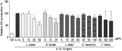 Figure 4. Effect of EOs on IL-1β-induced NO production in human chondrocytes left untreated (Ctrl) or treated with IL-1β, 10 ng/mL, for 24 h, after pre-treatment with each EO. Each column represents, at least, four independent experiments. *p < 0.05, and ***p < 0.001 relative to IL-1β-treated cells.