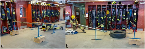 Figure 1. (a) Going under obstacles, (b) hose pull.