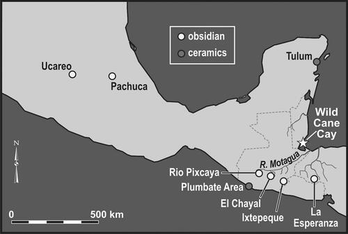 Figure 4. Map of Mesoamerica showing obsidian sources used by the ancient Maya at sites on the south coast of Belize. Drawing by Mary Lee Eggart, Louisiana State University.