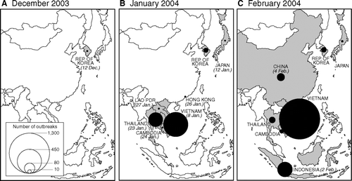 Figure 4 Wave I of the panzootic transmission of avian influenza A (H5N1). Proportional circles are based on information included in World Organisation for Animal Health's Disease Information and plot, by country, the count of reported outbreaks of H5N1 in wild birds and poultry in January (B) and February (C) 2004. The initial outbreaks in December 2003 are shown for reference (A). The date of report of the first outbreak of H5N1 in each affected country is given in parentheses.