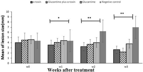 Figure 4 The mean size of lesions (mm) in control and test groups weekly. Diagrams show the therapeutic effect of treatment with α-toxin and glucantime on lesions due to infection of BALB/c mice L. major. Mice were infected with 1× 106 stationary phase of L. major promastigotes in the tail base. After 21 days post-infection, the treatment course was started. Values show the mean lesion size ±SD of 10 mice per group (“*”shows significant difference (p < 0.05) and “**” shows significant difference (p < 0.001) among control and all other test groups).